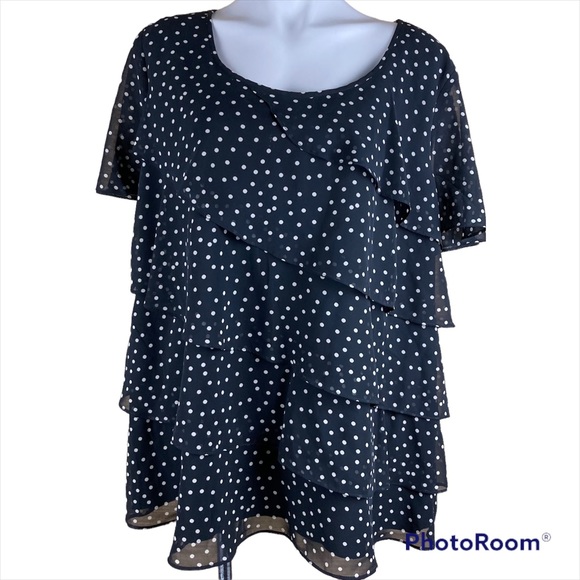 ROZALI 2 Layer Short Sleeve size 2X Black and White Polka Dot Ruffle Blouse - Picture 1 of 3